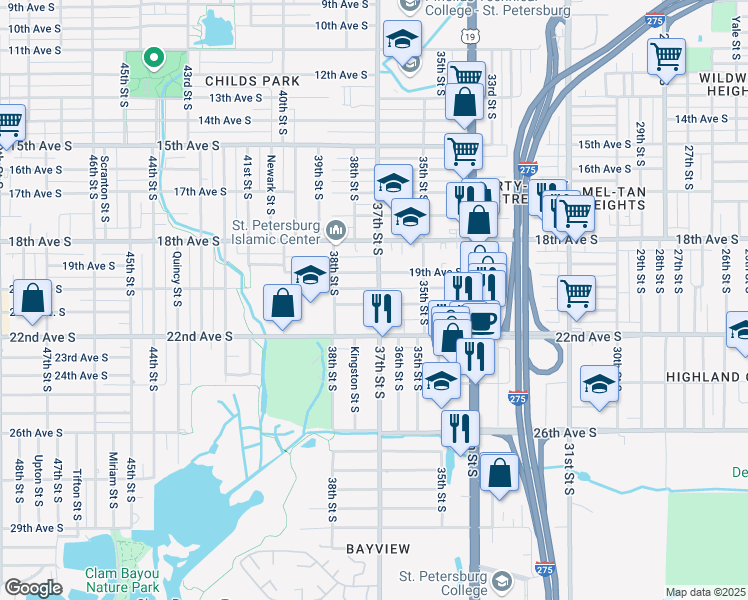 map of restaurants, bars, coffee shops, grocery stores, and more near 2026 37th Street South in St. Petersburg
