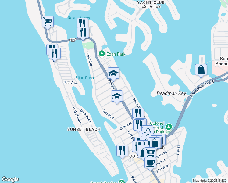 map of restaurants, bars, coffee shops, grocery stores, and more near in St. Pete Beach