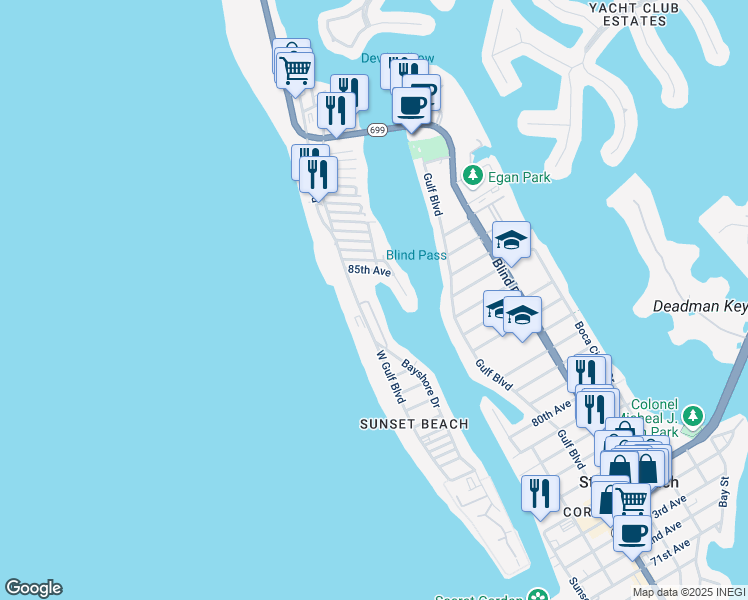 map of restaurants, bars, coffee shops, grocery stores, and more near 8543 Blind Pass Drive in Treasure Island