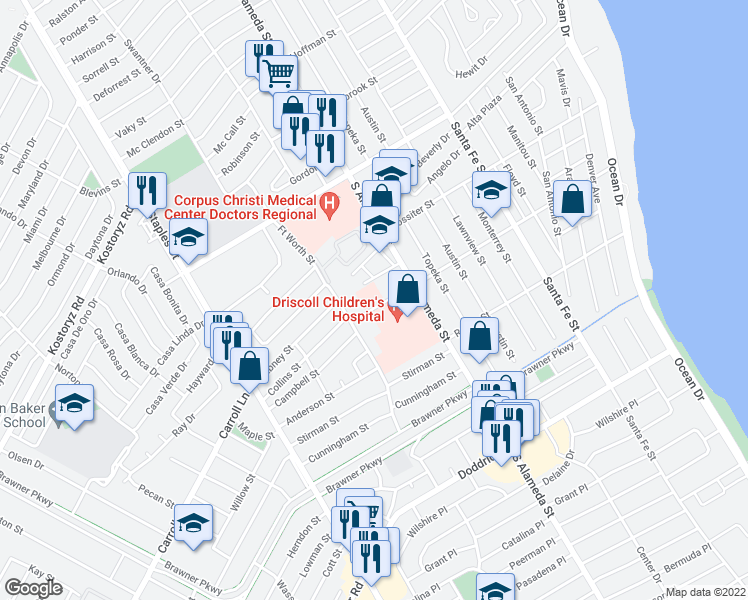 map of restaurants, bars, coffee shops, grocery stores, and more near 3455 South Alameda Street in Corpus Christi