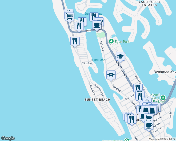 map of restaurants, bars, coffee shops, grocery stores, and more near 8543 Blind Pass Drive in Treasure Island