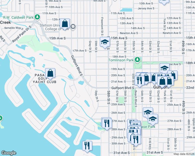 map of restaurants, bars, coffee shops, grocery stores, and more near 2001 59th Street South in Gulfport