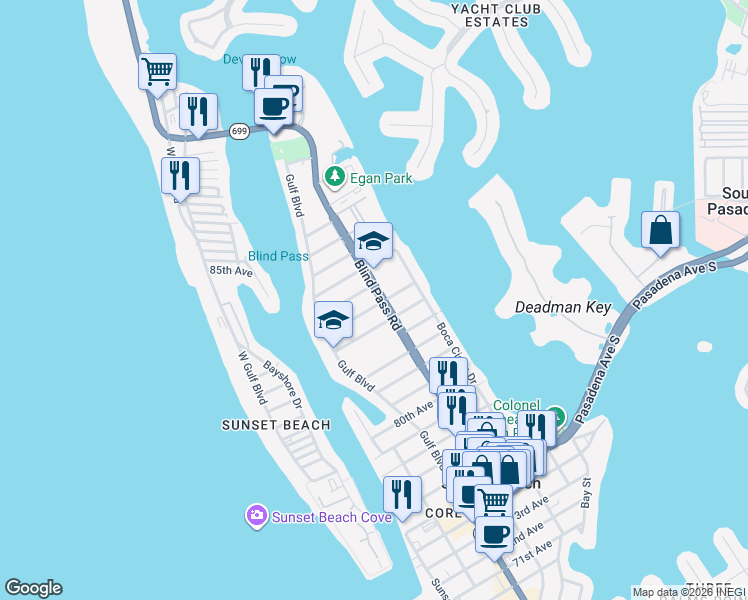 map of restaurants, bars, coffee shops, grocery stores, and more near in St. Pete Beach