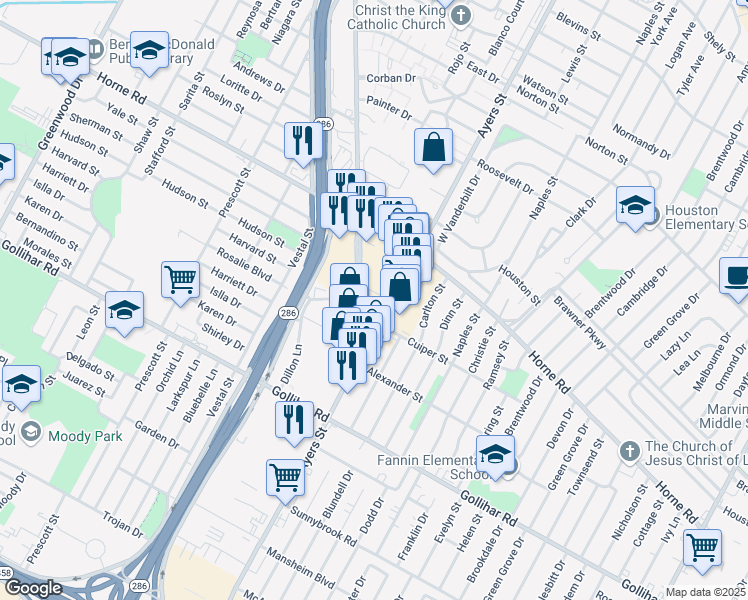 map of restaurants, bars, coffee shops, grocery stores, and more near 4211 Ayers Street in Corpus Christi