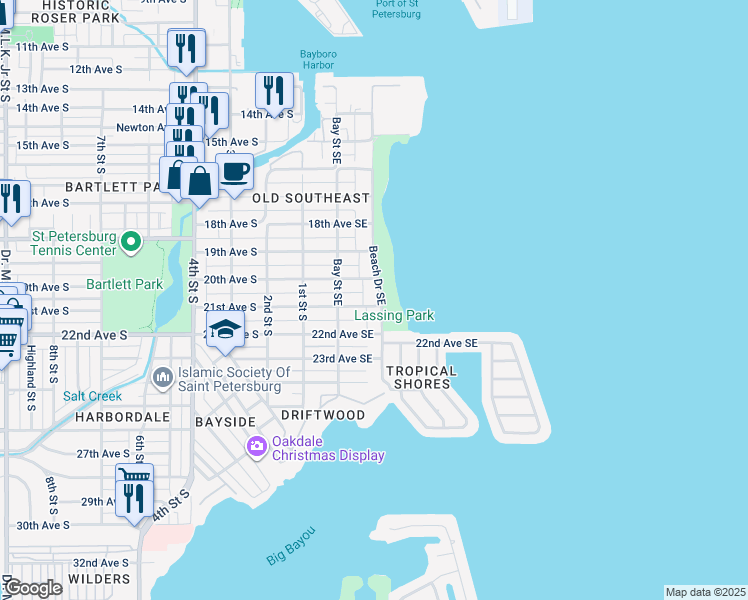 map of restaurants, bars, coffee shops, grocery stores, and more near 2027 Beach Drive Southeast in St. Petersburg