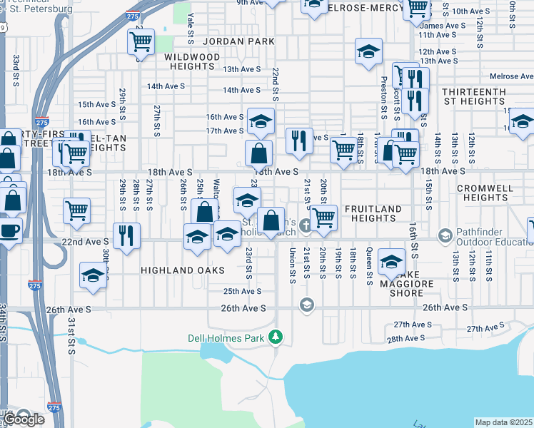 map of restaurants, bars, coffee shops, grocery stores, and more near 2219 21st Avenue South in St. Petersburg