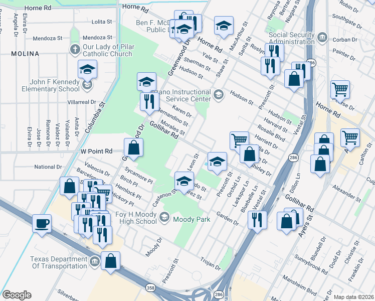 map of restaurants, bars, coffee shops, grocery stores, and more near 1757 Gollihar Road in Corpus Christi