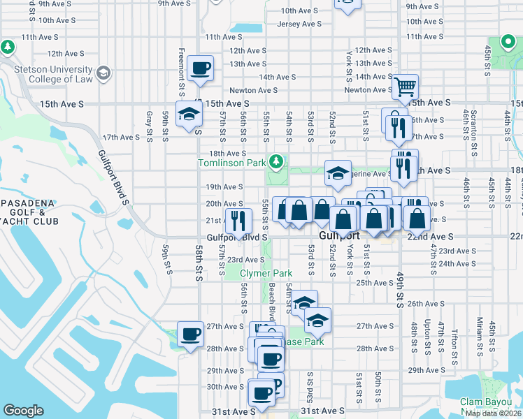 map of restaurants, bars, coffee shops, grocery stores, and more near 5510 20th Avenue South in Gulfport