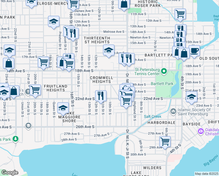 map of restaurants, bars, coffee shops, grocery stores, and more near 2010 Seminole Boulevard South in St. Petersburg