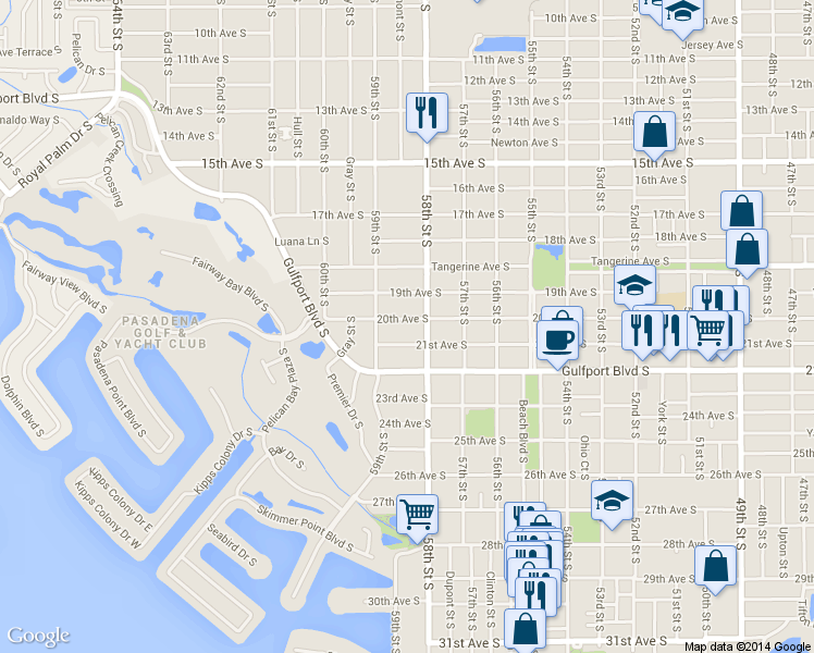 map of restaurants, bars, coffee shops, grocery stores, and more near 5814 20th Avenue South in Gulfport