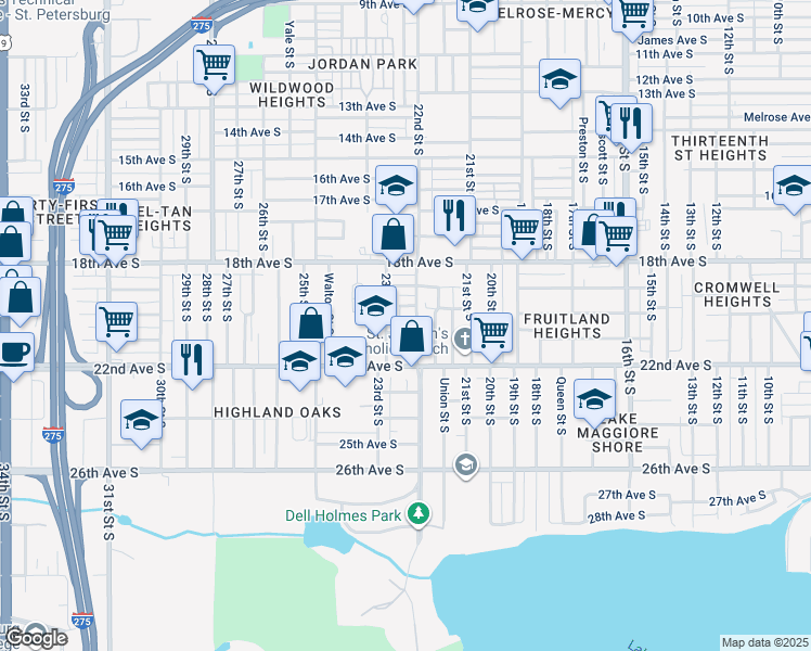 map of restaurants, bars, coffee shops, grocery stores, and more near 2219 21st Avenue South in St. Petersburg