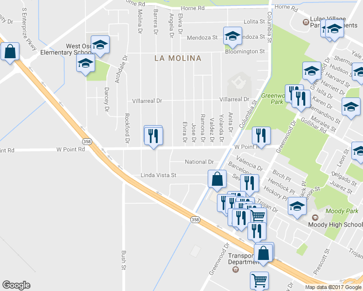 map of restaurants, bars, coffee shops, grocery stores, and more near 854 West Point Road in Corpus Christi