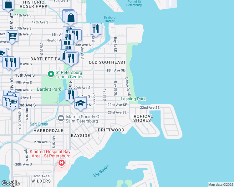 map of restaurants, bars, coffee shops, grocery stores, and more near 205 21st Avenue Southeast in Saint Petersburg