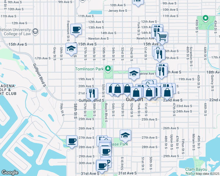 map of restaurants, bars, coffee shops, grocery stores, and more near 5410 20th Avenue South in Gulfport