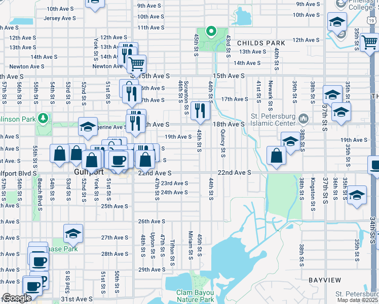 map of restaurants, bars, coffee shops, grocery stores, and more near 4542 20th Avenue South in St. Petersburg
