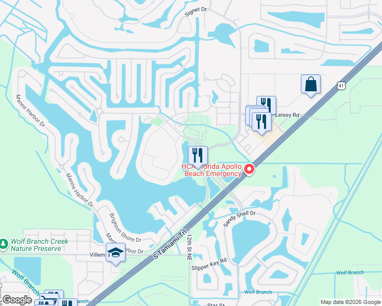 map of restaurants, bars, coffee shops, grocery stores, and more near 5423 Cafrey Place in Apollo Beach