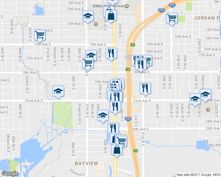 map of restaurants, bars, coffee shops, grocery stores, and more near 3421 21st Avenue South in St. Petersburg
