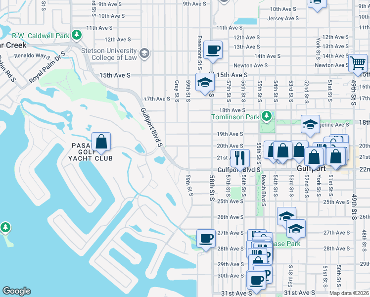 map of restaurants, bars, coffee shops, grocery stores, and more near 2001 59th St S in Gulfport