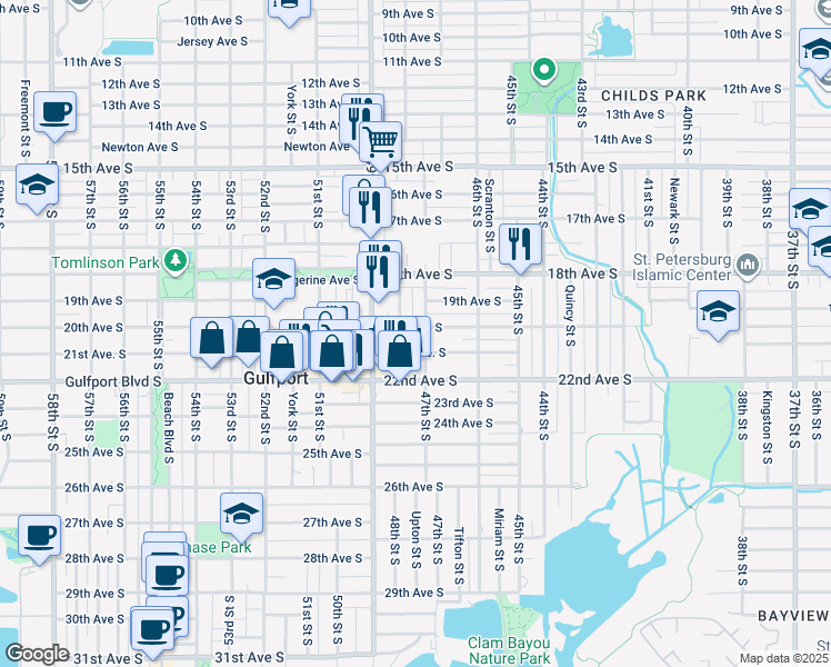 map of restaurants, bars, coffee shops, grocery stores, and more near 4718 20th Avenue South in St. Petersburg