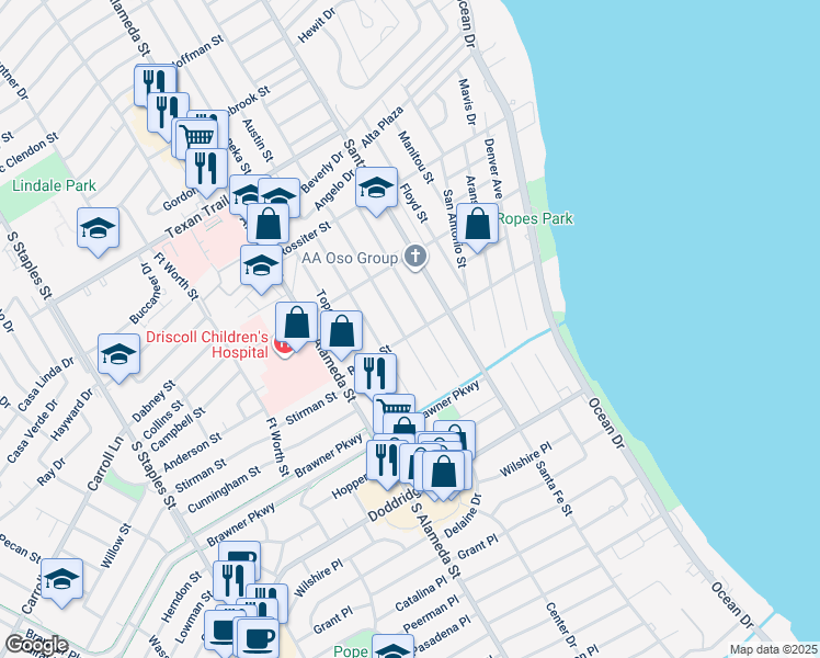 map of restaurants, bars, coffee shops, grocery stores, and more near 3562 Lawnview St in Corpus Christi