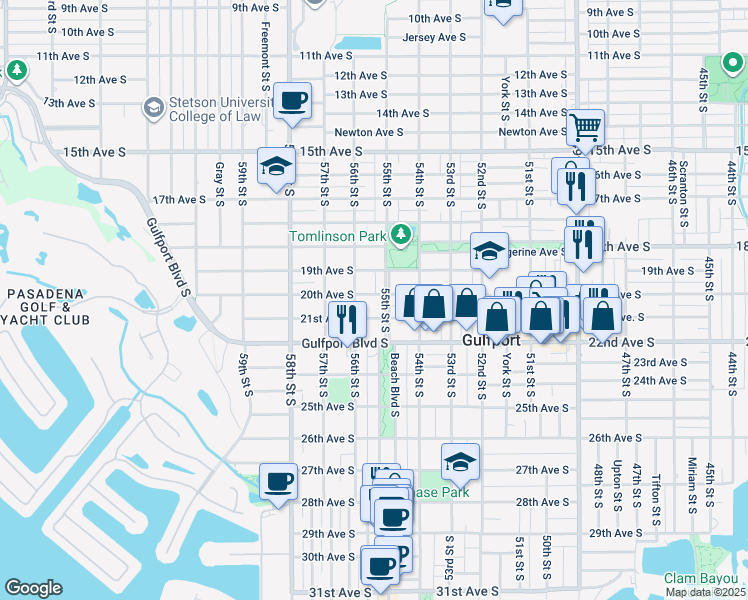 map of restaurants, bars, coffee shops, grocery stores, and more near 5510 20th Avenue South in Gulfport