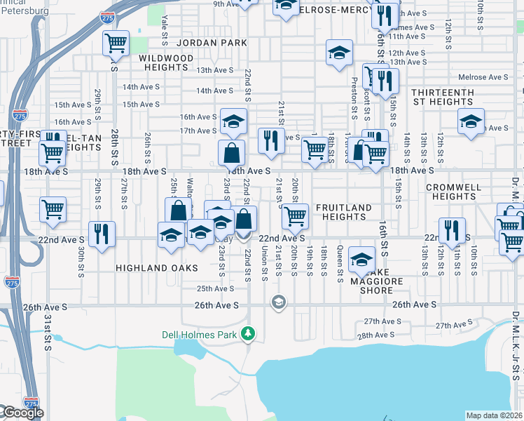 map of restaurants, bars, coffee shops, grocery stores, and more near 2027 Upton Court South in St. Petersburg