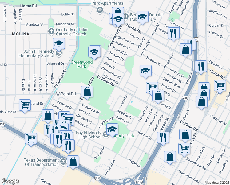 map of restaurants, bars, coffee shops, grocery stores, and more near 1757 Gollihar Road in Corpus Christi