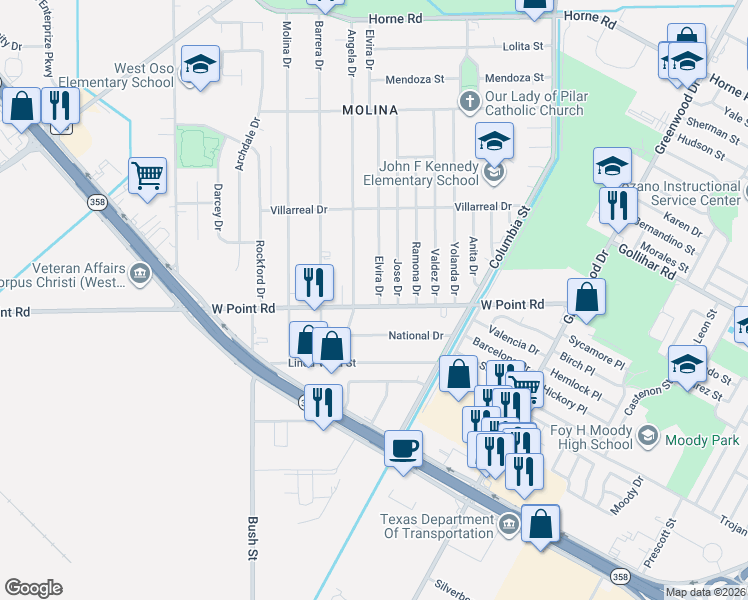map of restaurants, bars, coffee shops, grocery stores, and more near 854 West Point Road in Corpus Christi