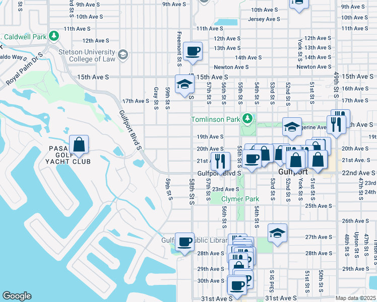 map of restaurants, bars, coffee shops, grocery stores, and more near 5800 20th Avenue South in Gulfport