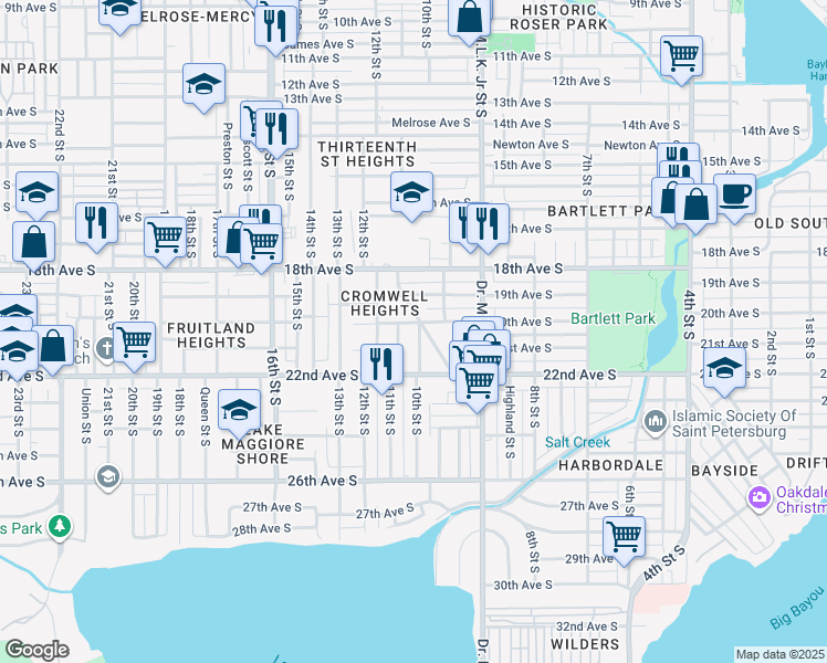 map of restaurants, bars, coffee shops, grocery stores, and more near 2011 10th Street South in St. Petersburg