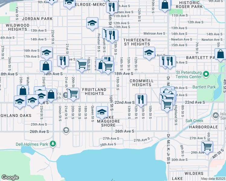 map of restaurants, bars, coffee shops, grocery stores, and more near 2010 16th Street South in St. Petersburg