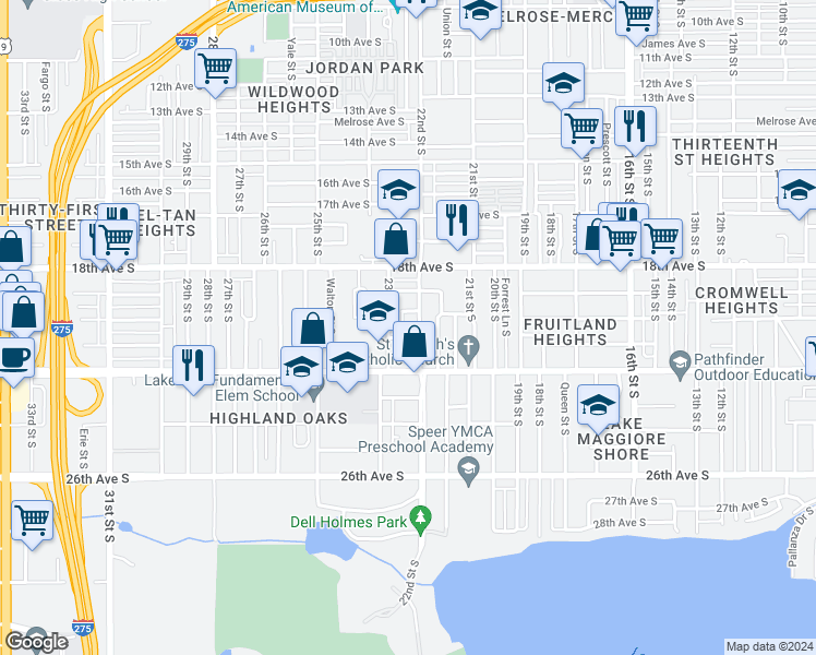 map of restaurants, bars, coffee shops, grocery stores, and more near 2219 21st Avenue South in St. Petersburg