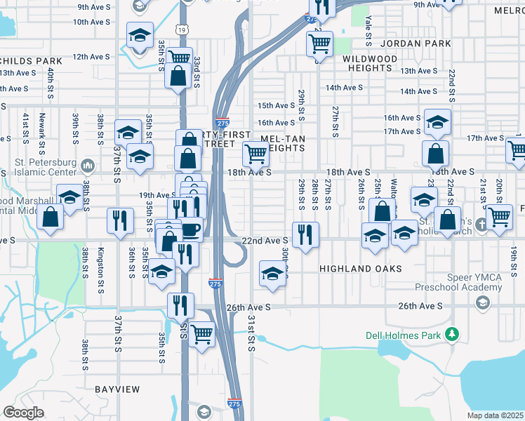 map of restaurants, bars, coffee shops, grocery stores, and more near 3068 20th Avenue South in Saint Petersburg