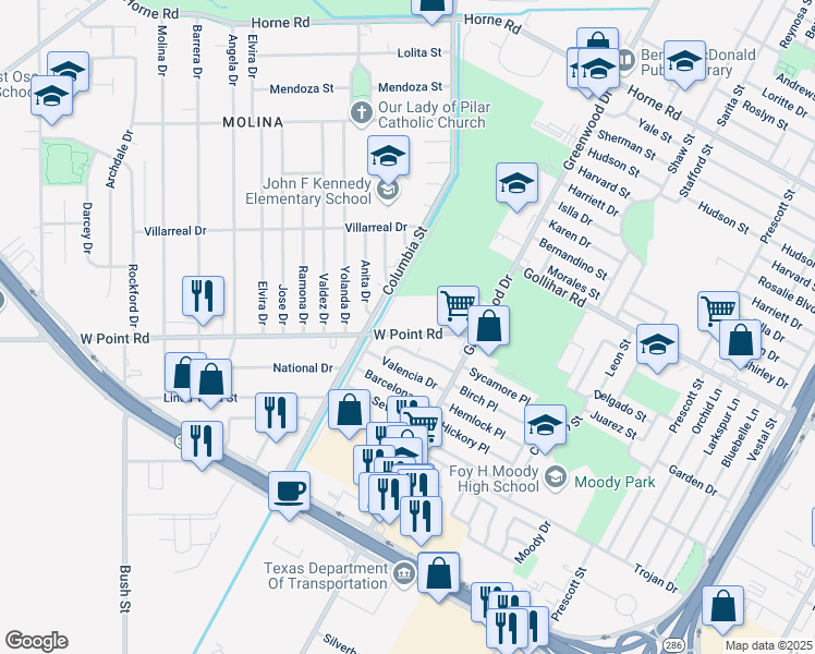 map of restaurants, bars, coffee shops, grocery stores, and more near 1458 West Point Road in Corpus Christi