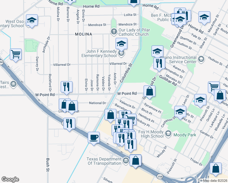 map of restaurants, bars, coffee shops, grocery stores, and more near 4645 Columbia Street in Corpus Christi
