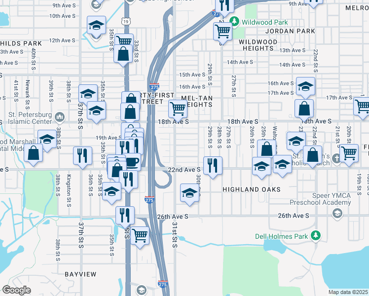 map of restaurants, bars, coffee shops, grocery stores, and more near 3058 20th Avenue South in Saint Petersburg