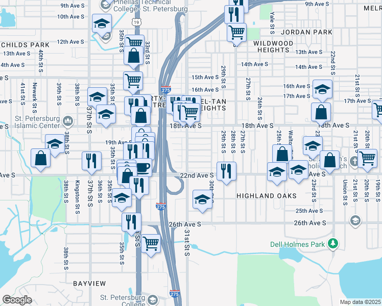 map of restaurants, bars, coffee shops, grocery stores, and more near 3084 20th Avenue South in St. Petersburg