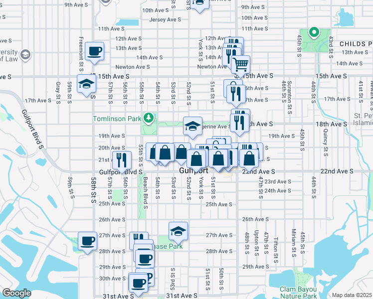 map of restaurants, bars, coffee shops, grocery stores, and more near 5202 20th Avenue South in Gulfport