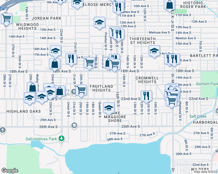 map of restaurants, bars, coffee shops, grocery stores, and more near 1652 20th Avenue South in St. Petersburg