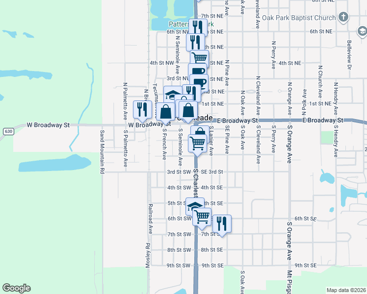 map of restaurants, bars, coffee shops, grocery stores, and more near 109 South Seminole Avenue in Fort Meade