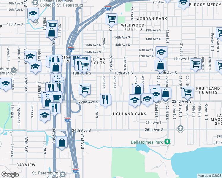 map of restaurants, bars, coffee shops, grocery stores, and more near 2010 28th St S in St Petersburg