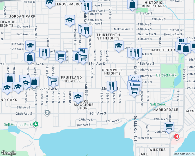map of restaurants, bars, coffee shops, grocery stores, and more near 2010 14th Street South in St. Petersburg