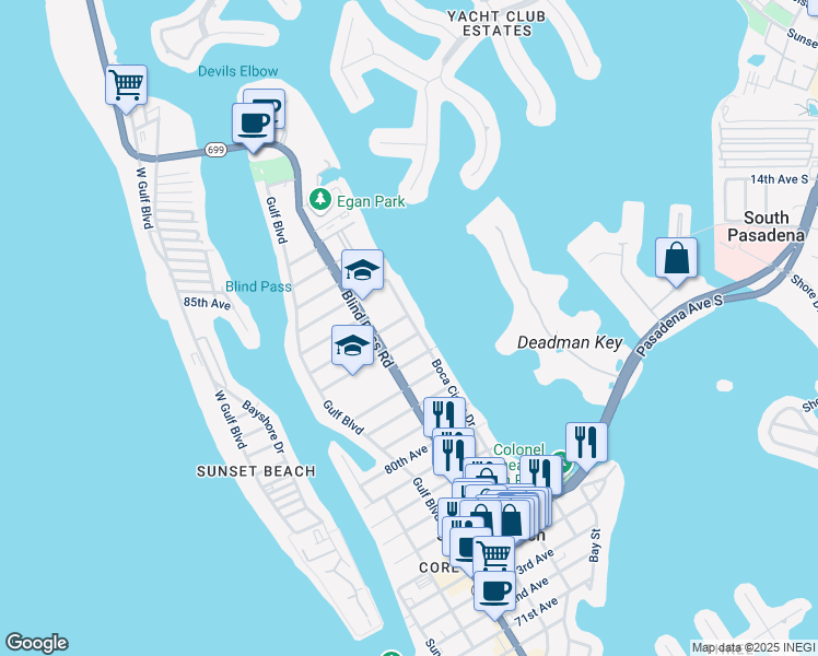map of restaurants, bars, coffee shops, grocery stores, and more near 8410 Boca Ciega Drive in St. Pete Beach
