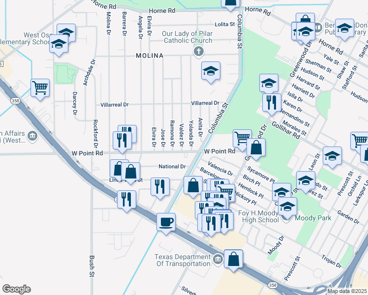 map of restaurants, bars, coffee shops, grocery stores, and more near 4646 Valdez Drive in Corpus Christi