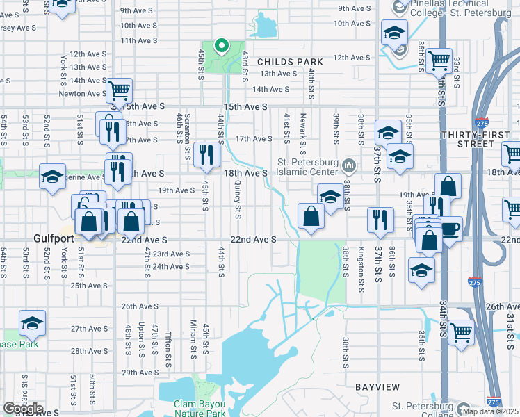 map of restaurants, bars, coffee shops, grocery stores, and more near 2001 42nd Street South in St. Petersburg
