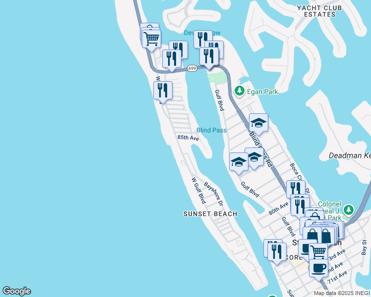 map of restaurants, bars, coffee shops, grocery stores, and more near 8550 West Gulf Boulevard in Treasure Island