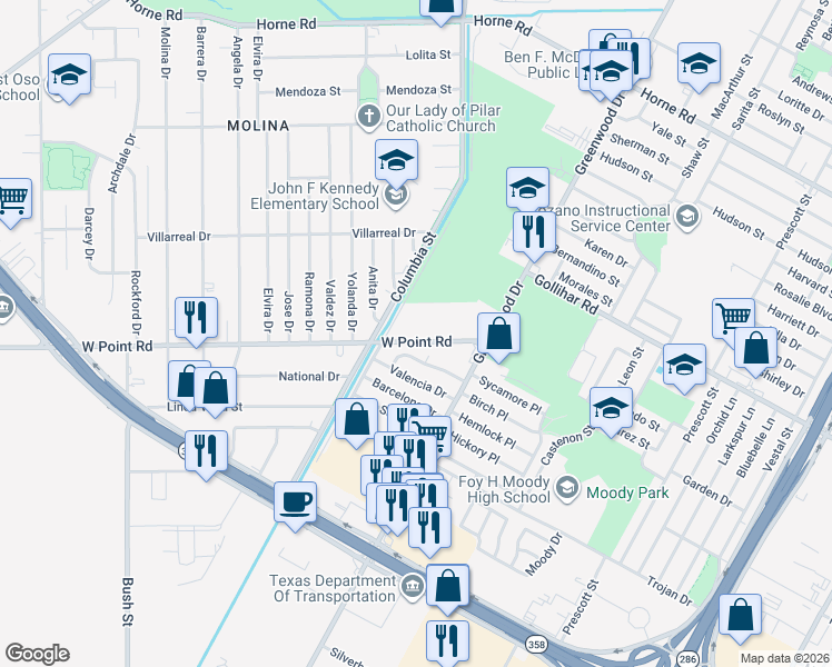 map of restaurants, bars, coffee shops, grocery stores, and more near 1458 West Point Road in Corpus Christi