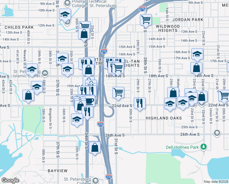 map of restaurants, bars, coffee shops, grocery stores, and more near 3100 20th Avenue South in St. Petersburg
