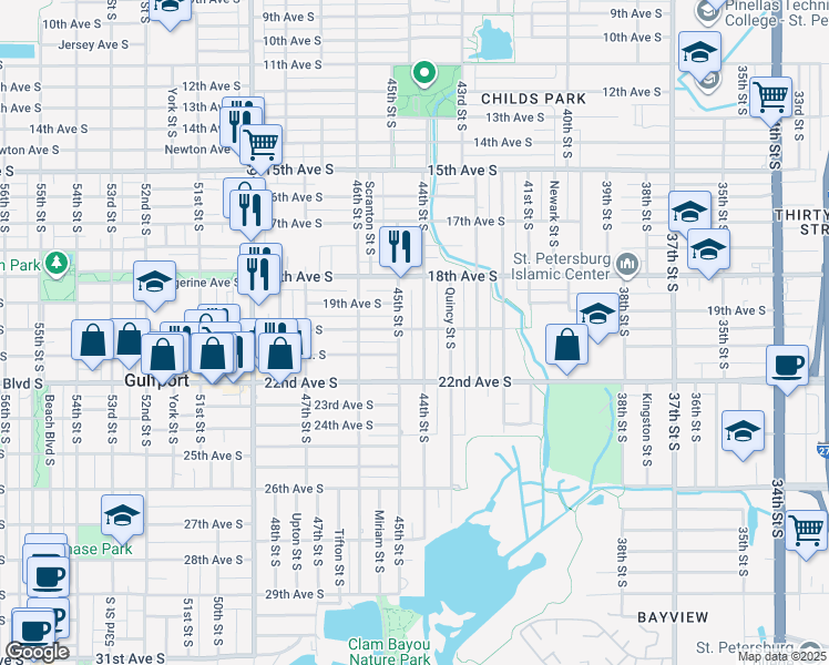 map of restaurants, bars, coffee shops, grocery stores, and more near 2001 44th Street South in St. Petersburg