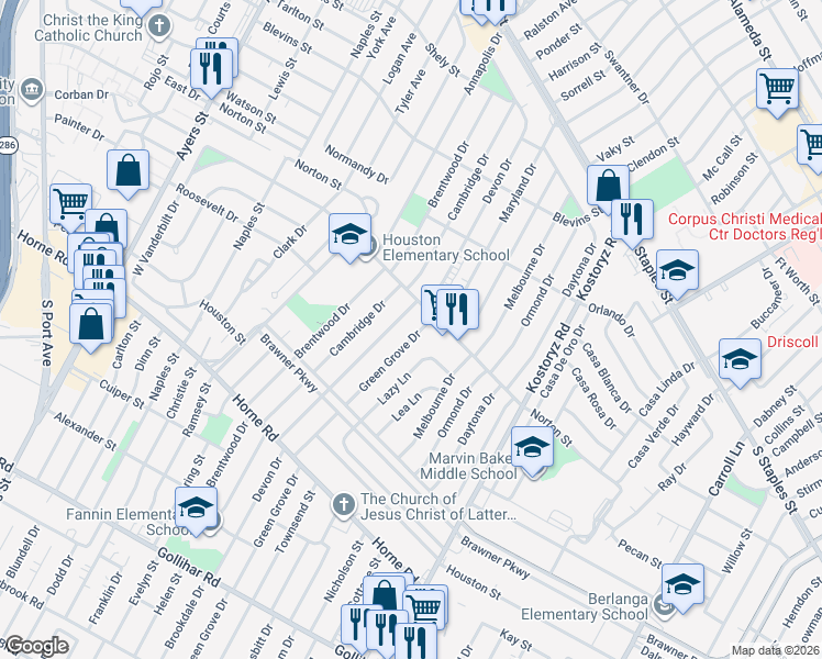 map of restaurants, bars, coffee shops, grocery stores, and more near 1517 Green Grove Drive in Corpus Christi
